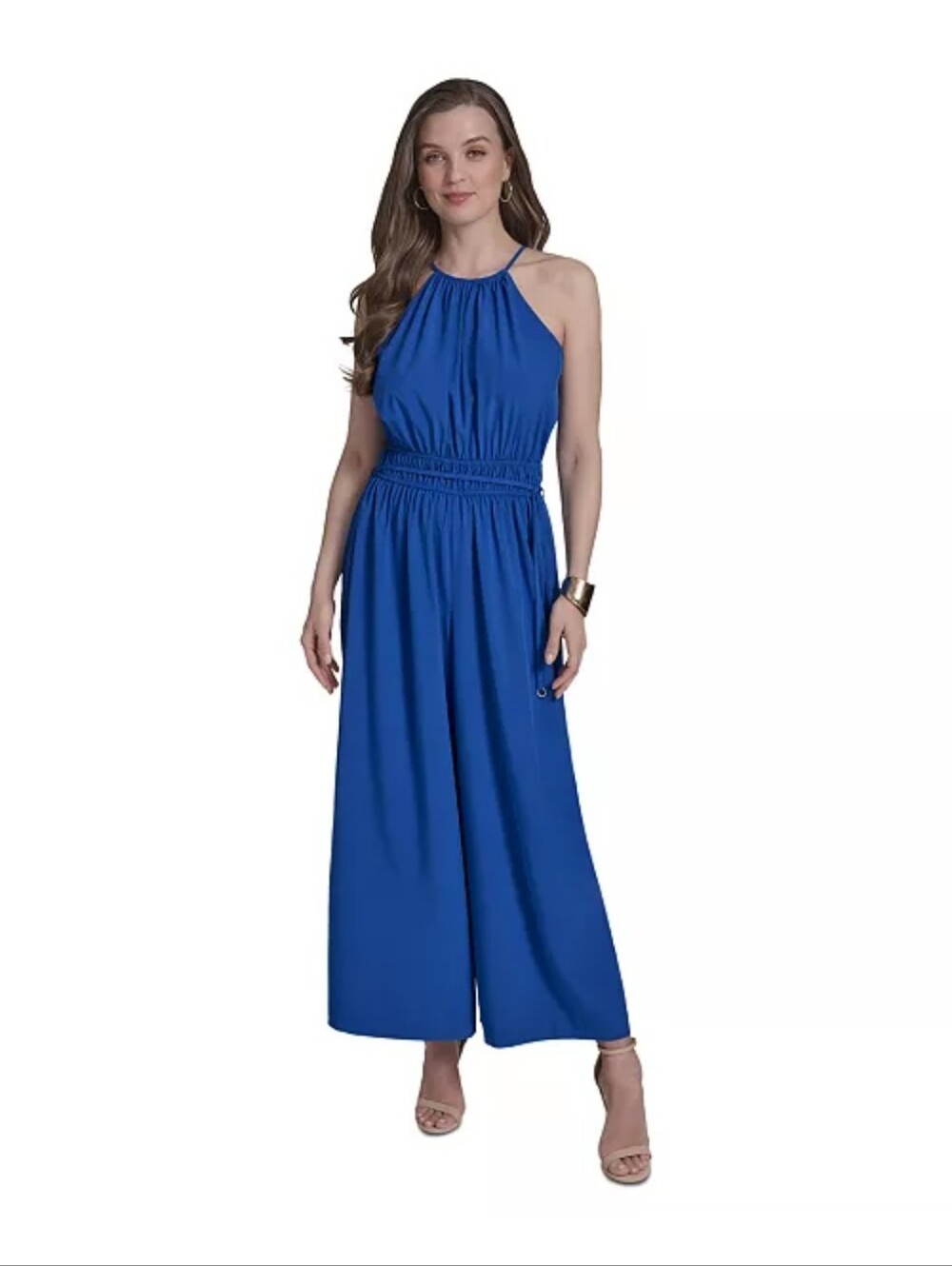 Halston $139 Cobalt Blue Halter Wide Leg Jumpsuit Sz 4 Belted Resort Cocktail